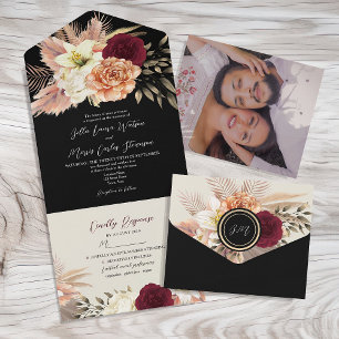 Black Burgundy Peach Floral Wedding All In One Invitation