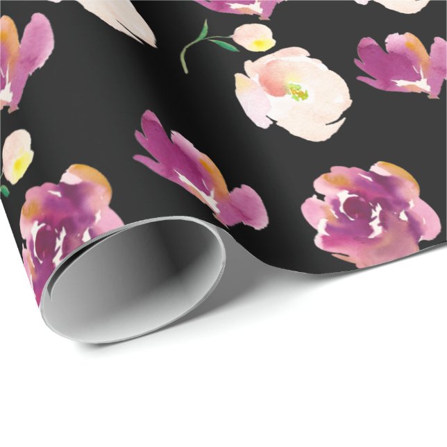 Black Burgundy Peach Floral Wrapping Paper (Roll Corner)