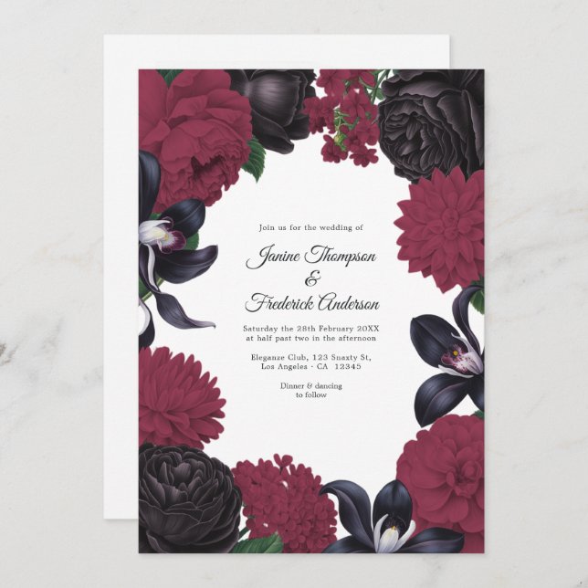 Black & Burgundy Photo/QR Code Floral Wedding Invitation (Front/Back)