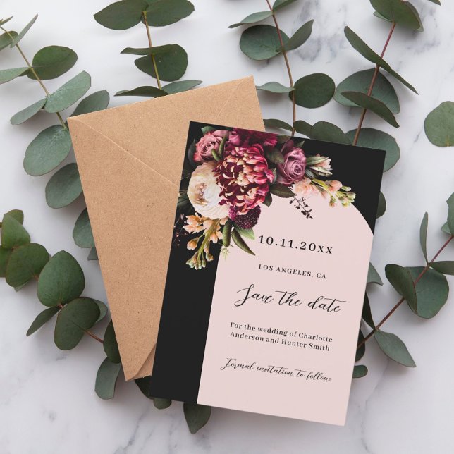 Black burgundy pink moody arch wedding save the date (Creator Uploaded)