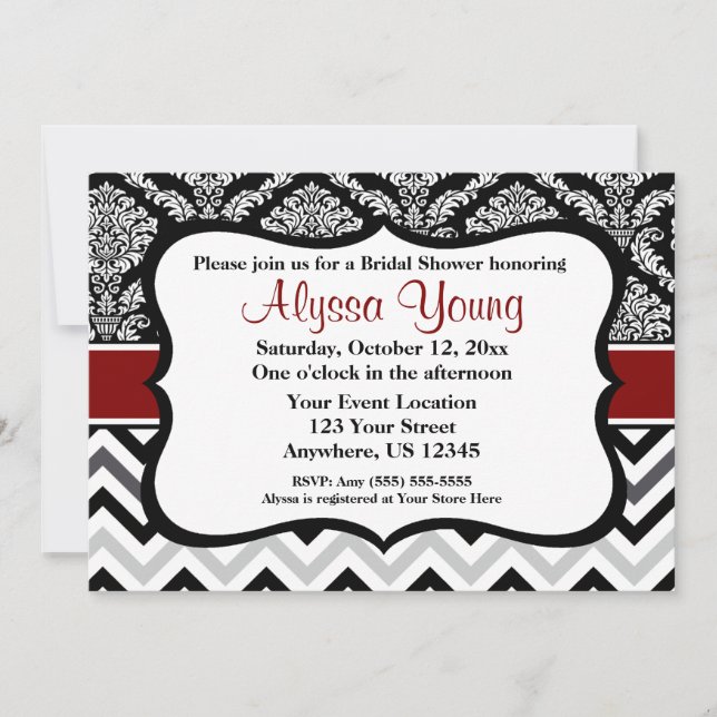 Black Burgundy Red Damask Chevron Invitation (Front)