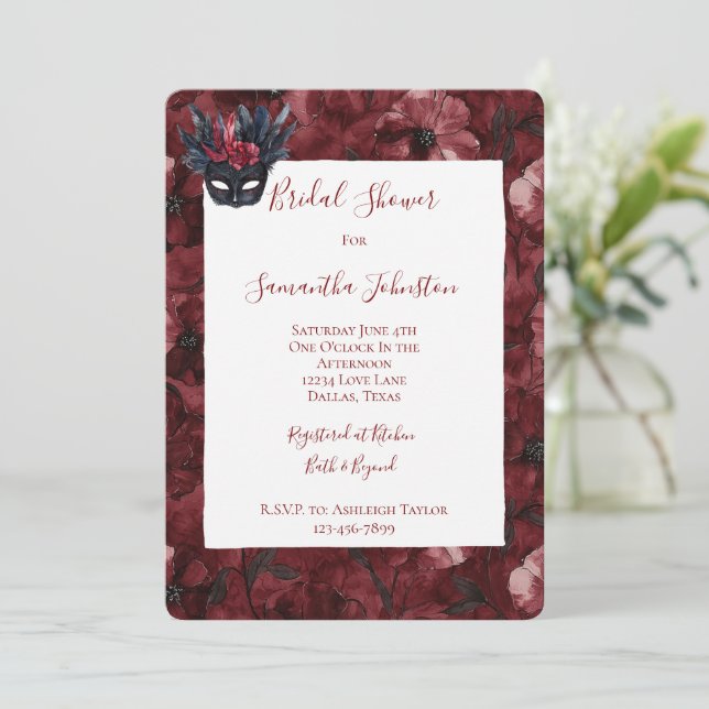 Black Burgundy Red Feathers Mask Bridal Shower Invitation (Standing Front)