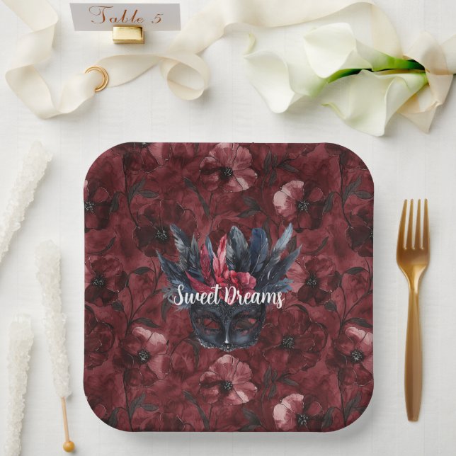 Black Burgundy Red Feathers Mask Bridal Shower Paper Plate (Wedding)