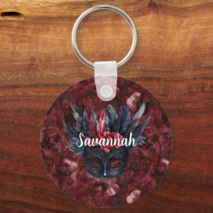 Black Burgundy Red Feathers Mask Key Ring