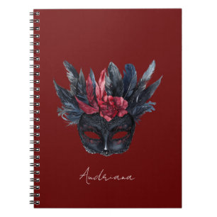 Black Burgundy Red Feathers Mask Notebook