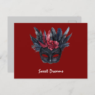 Black Burgundy Red Feathers Mask Postcard
