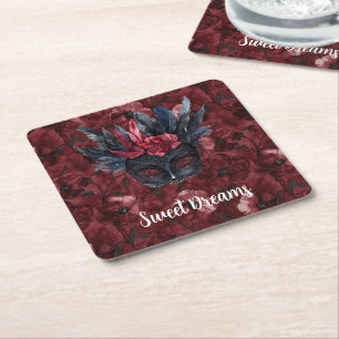 Black Burgundy Red Feathers Mask Square Paper Coaster