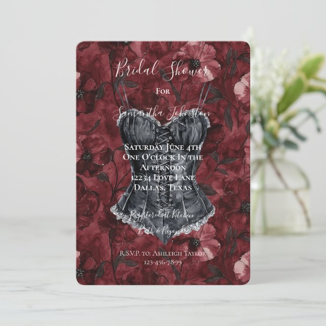 Black Burgundy Red Floral Corset Bridal Shower Invitation (Standing Front)