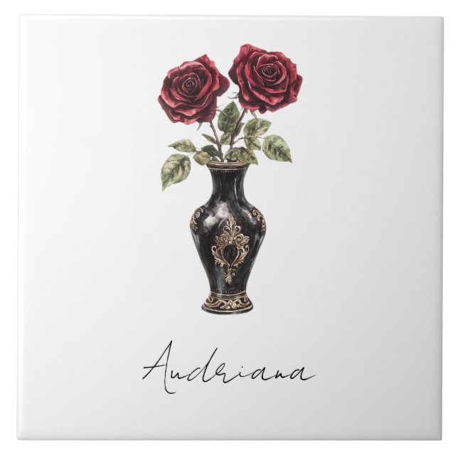 Black Burgundy Red Floral Vase Ceramic Tile (Front)