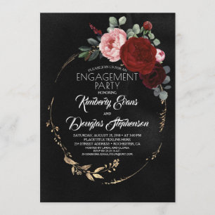 Black Burgundy Red Gold Floral Engagement Party Invitation