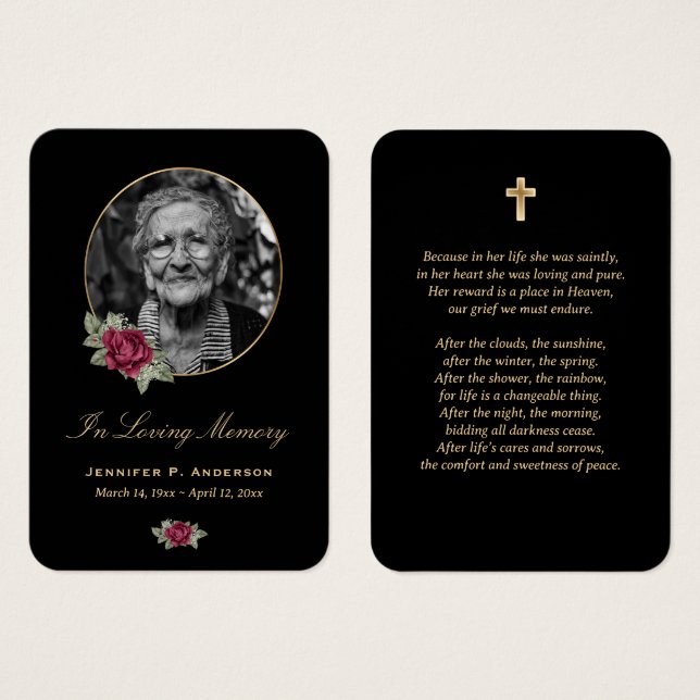Black Burgundy Red Gold Floral Memorial Cards (Front & Back)