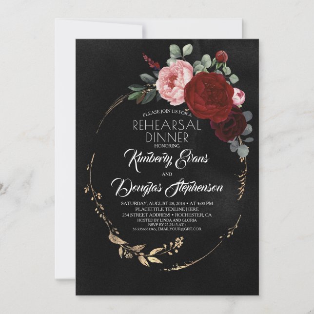 Black Burgundy Red Gold Floral Rehearsal Dinner Invitation (Front)