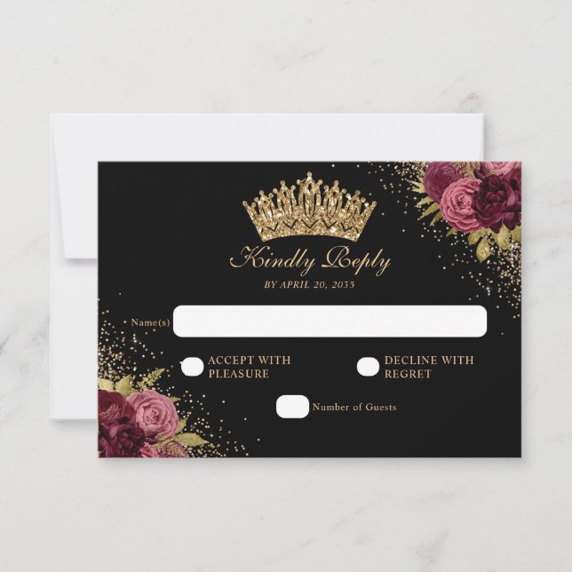 Black Burgundy Red Gold Glitter Floral Quinceanera RSVP Card (Front)