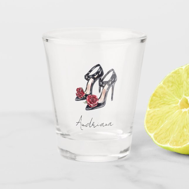Black Burgundy Red High Heels Shot Glass (Front)