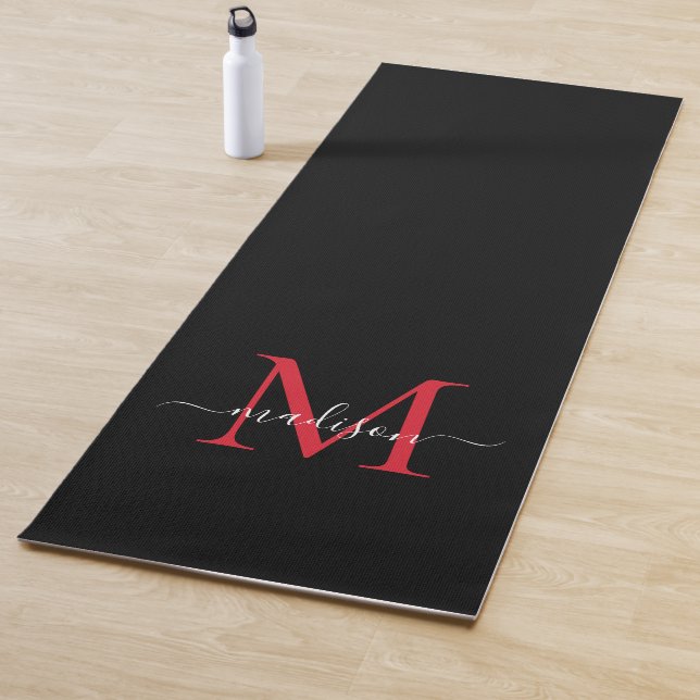 Black Burgundy Red Monogram Elegant Feminine Yoga Mat (In Situ)