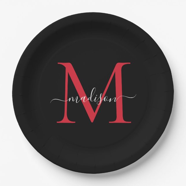 Black Burgundy Red Monogram Modern Elegant Script Paper Plate (Front)