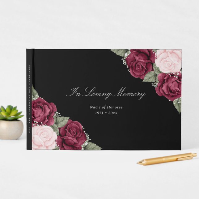 Black Burgundy Red Pink Floral Funeral Memorial Guest Book (InSitu Display)