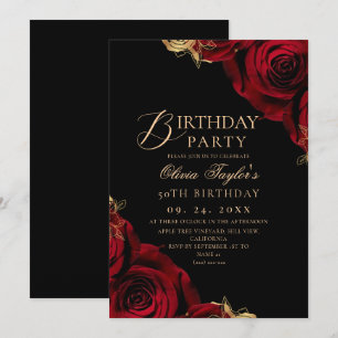 Black Burgundy Rose Floral 50th Birthday  Invitation