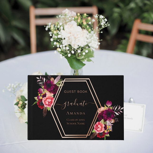 Black burgundy rose geometric floral Graduation Guest Book (Creator Uploaded)