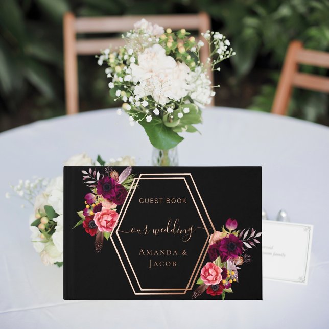 Black burgundy rose gold geometric floral wedding  guest book (Creator Uploaded)