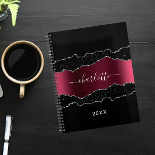 Black burgundy silver agate marble glitter 2022 planner