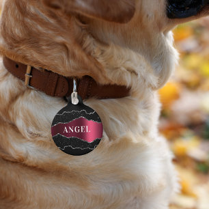 Black burgundy silver agate marble glitter name pet tag