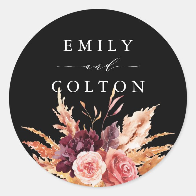 Black Burgundy Terracotta Floral Wedding  Classic Round Sticker (Front)