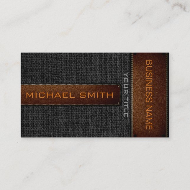 Black Burlap Linen Rustic Jute Look Leather Business Card (Front)