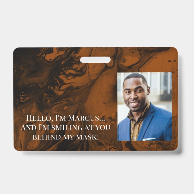 Black & Burnt Orange Marble Hello Behind the Mask ID Badge (Front)