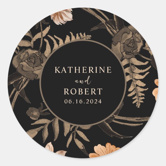 Black Burnt orange terracotta floral fall wedding  Classic Round Sticker (Front)