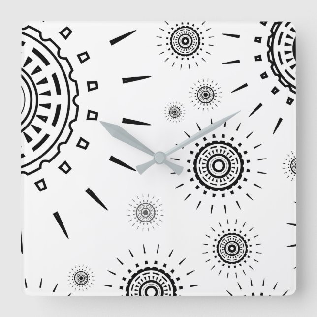 Black Burst Patterns on White Square Wall Clock (Front)