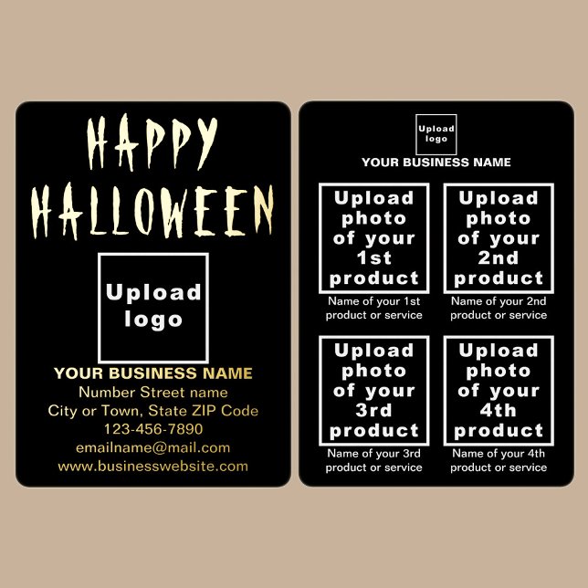 Black Business Brand on Halloween Foil Holiday Card (Black business brand with products or services on Halloween foil holiday card.)