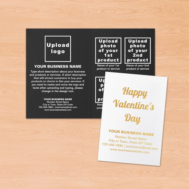 Black Business Brand on Valentine Foil Card (Black business brand with products on Valentine folded foil card on table.)