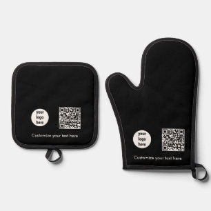 Black Business Logo Promotional QR Code Text Oven Mitt & Pot Holder Set