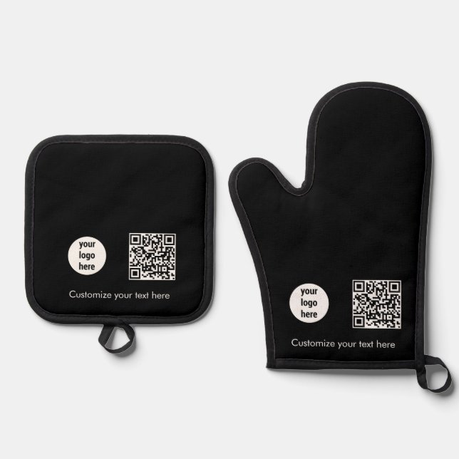 Black Business Logo Promotional QR Code Text  Oven Mitt & Pot Holder Set (Front)