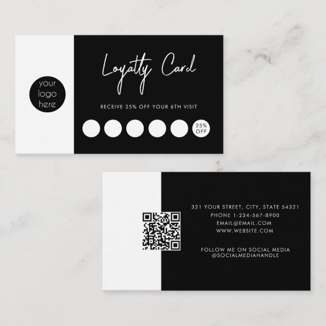Black Business Logo QR Code Loyalty  Card (Front/Back)