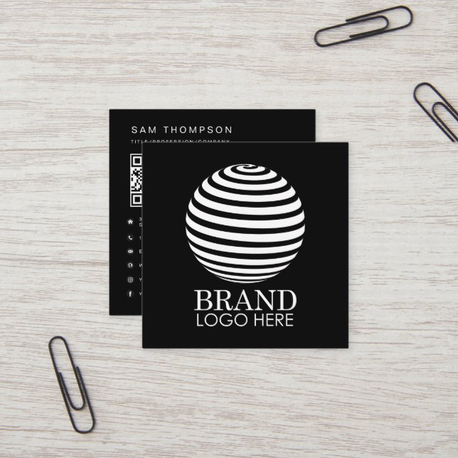 Black Business Logo QR Code Modern Minimalist  Square Business Card (Front/Back In Situ)