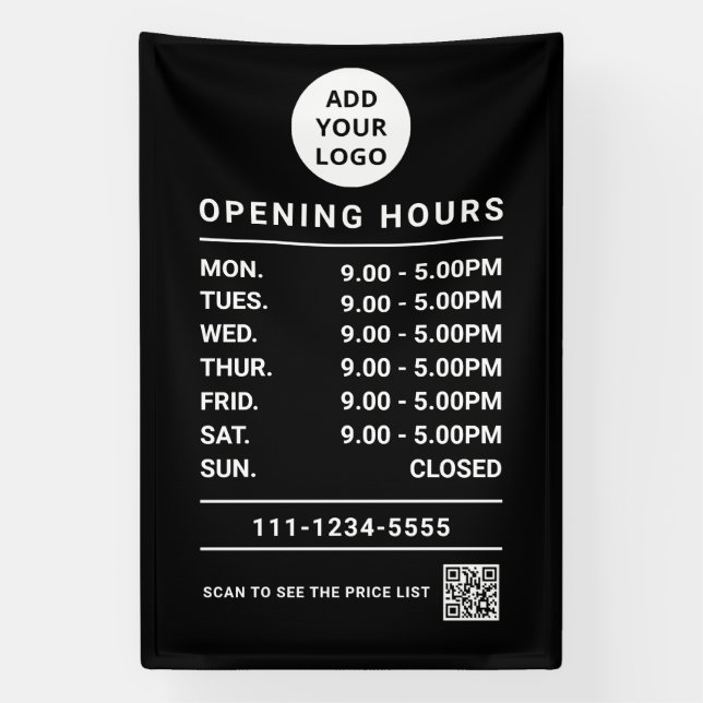 Black Business Opening Hours logo and qr code Banner (Vertical)