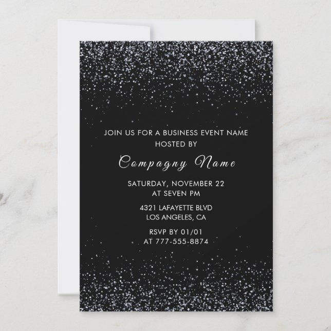 Black Business party invite Silver Glitter (Front)