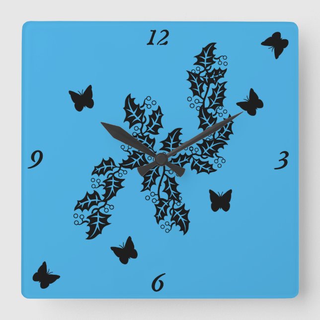 Black Butterfly and Ivy Leaves on Blue Square Wall Clock (Front)
