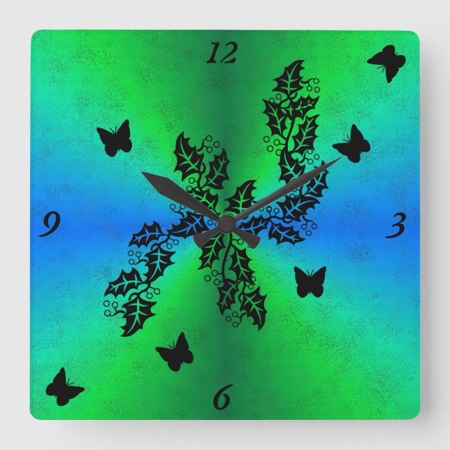 black Butterfly on  blue green Rainbow Square Wall Clock (Front)