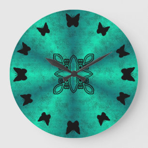 black Butterfly on green rainbow in leather optics Large Clock