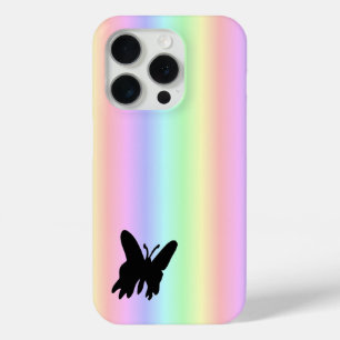 Black Butterfly on Pastell Rainbow iPhone 15 Pro Case