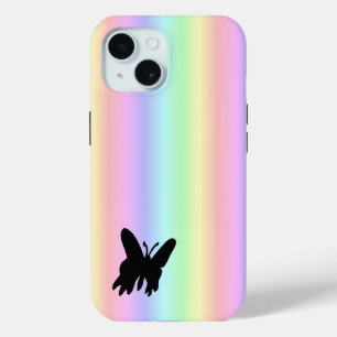 Black Butterfly on Pastell Rainbow iPhone 15 Case