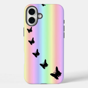 Black Butterfly on Pastell Rainbow iPhone 16 Plus Case