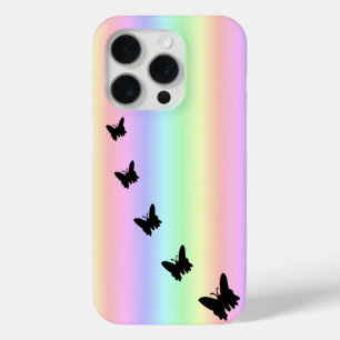 Black Butterfly on Pastell Rainbow iPhone 15 Pro Case
