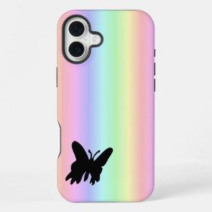 Black Butterfly on Pastell Rainbow iPhone 16 Plus Case