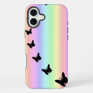 Black Butterfly on Pastell Rainbow iPhone 16 Plus Case