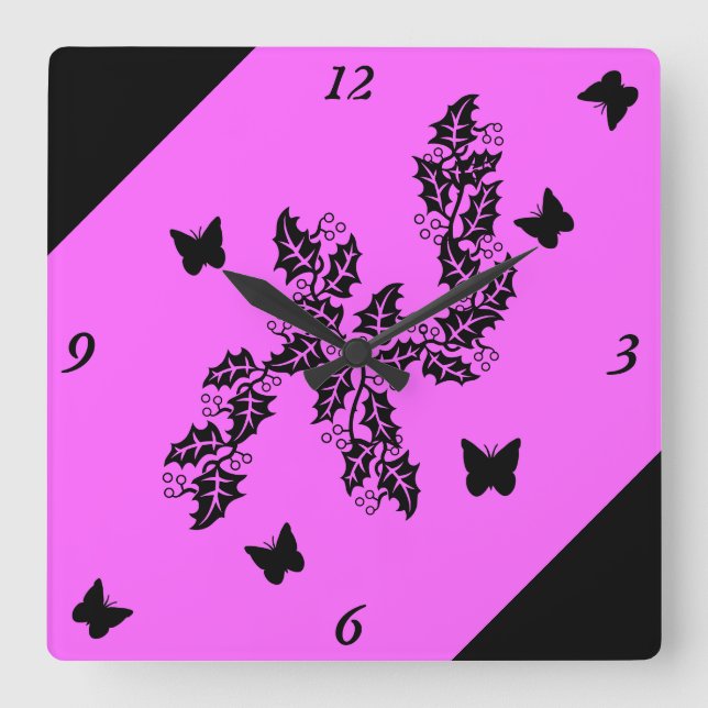 black Butterfly on pink Square Wall Clock (Front)