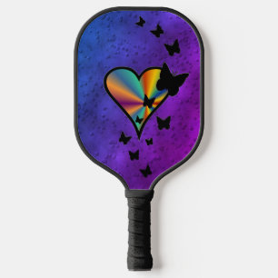 Black Butterfly on Rainbow Heart Pickleball Paddle